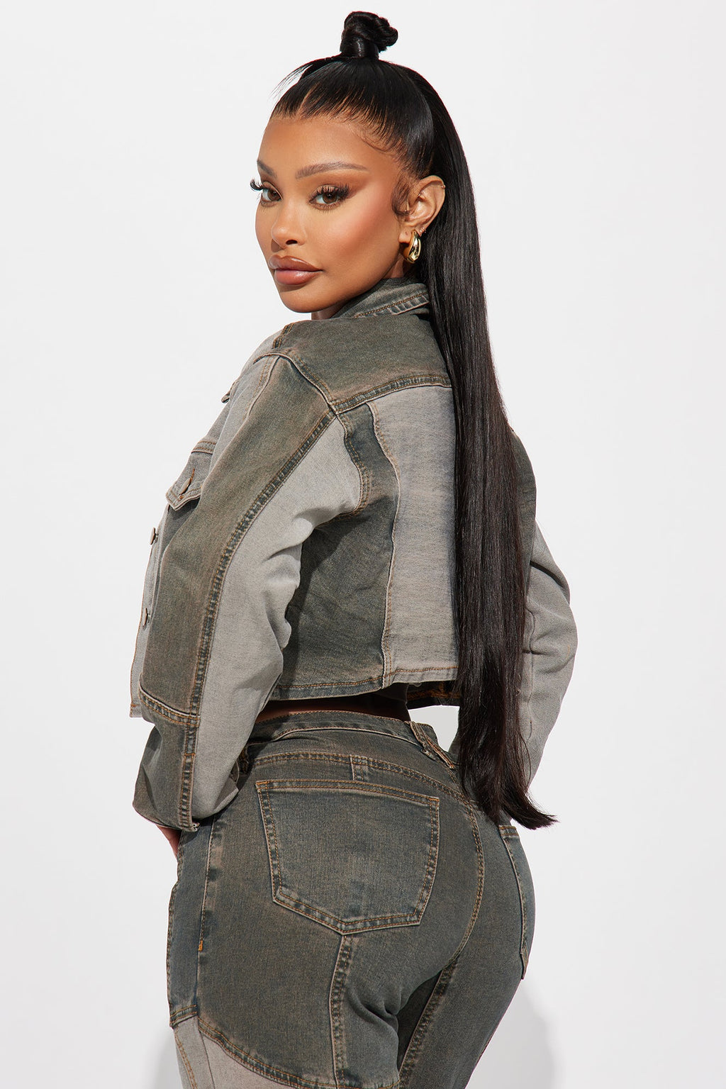 In Reverse Cropped Stretch Denim Jacket - Grey/combo