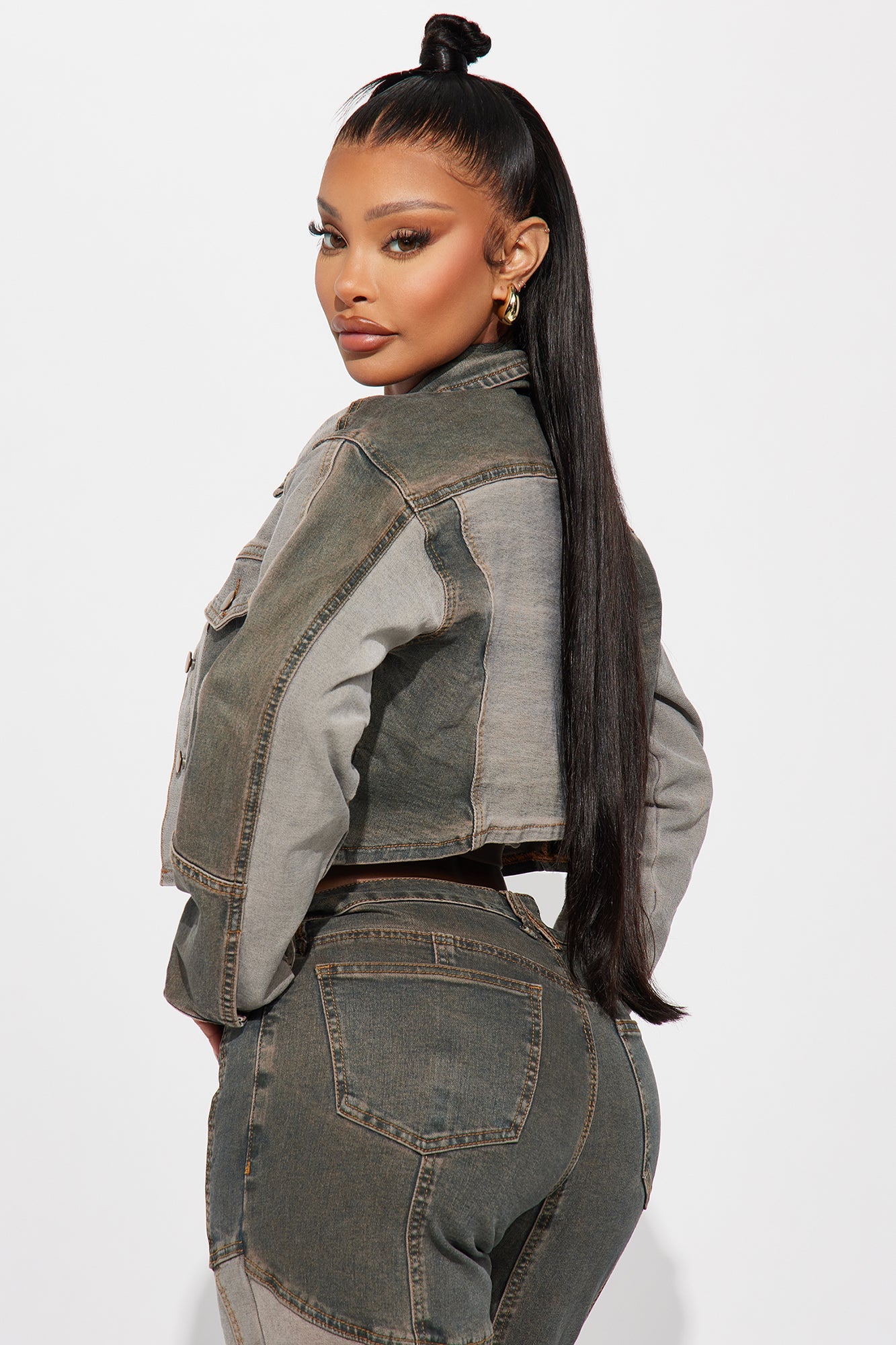 In Reverse Cropped Stretch Denim Jacket - Grey/combo