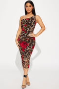 Leopard Rose Mesh Midi Dress - Brown/combo