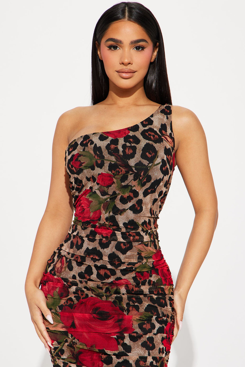 Leopard Rose Mesh Midi Dress - Brown/combo