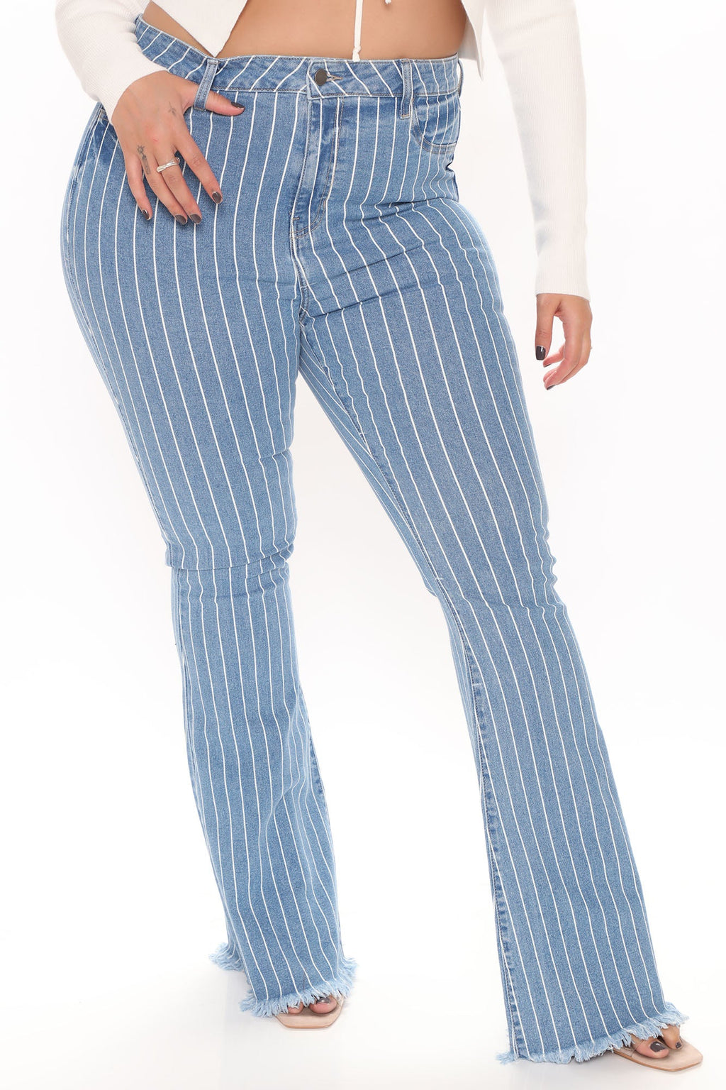 Crossed The Line Striped Flare Jeans - Light Blue Wash