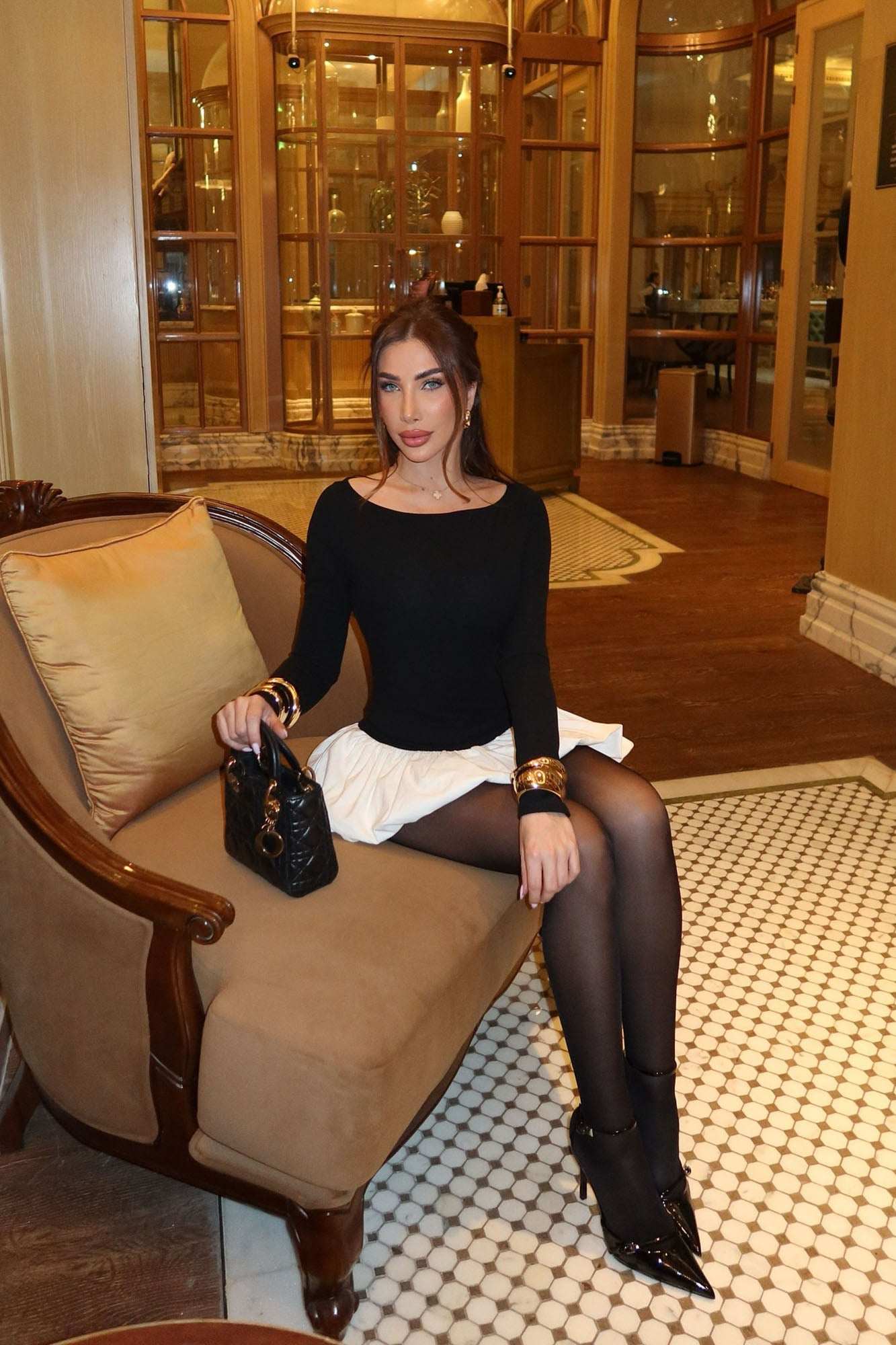 Ember Long Sleeve Boat Neck Bubble Mini Dress - Black/White