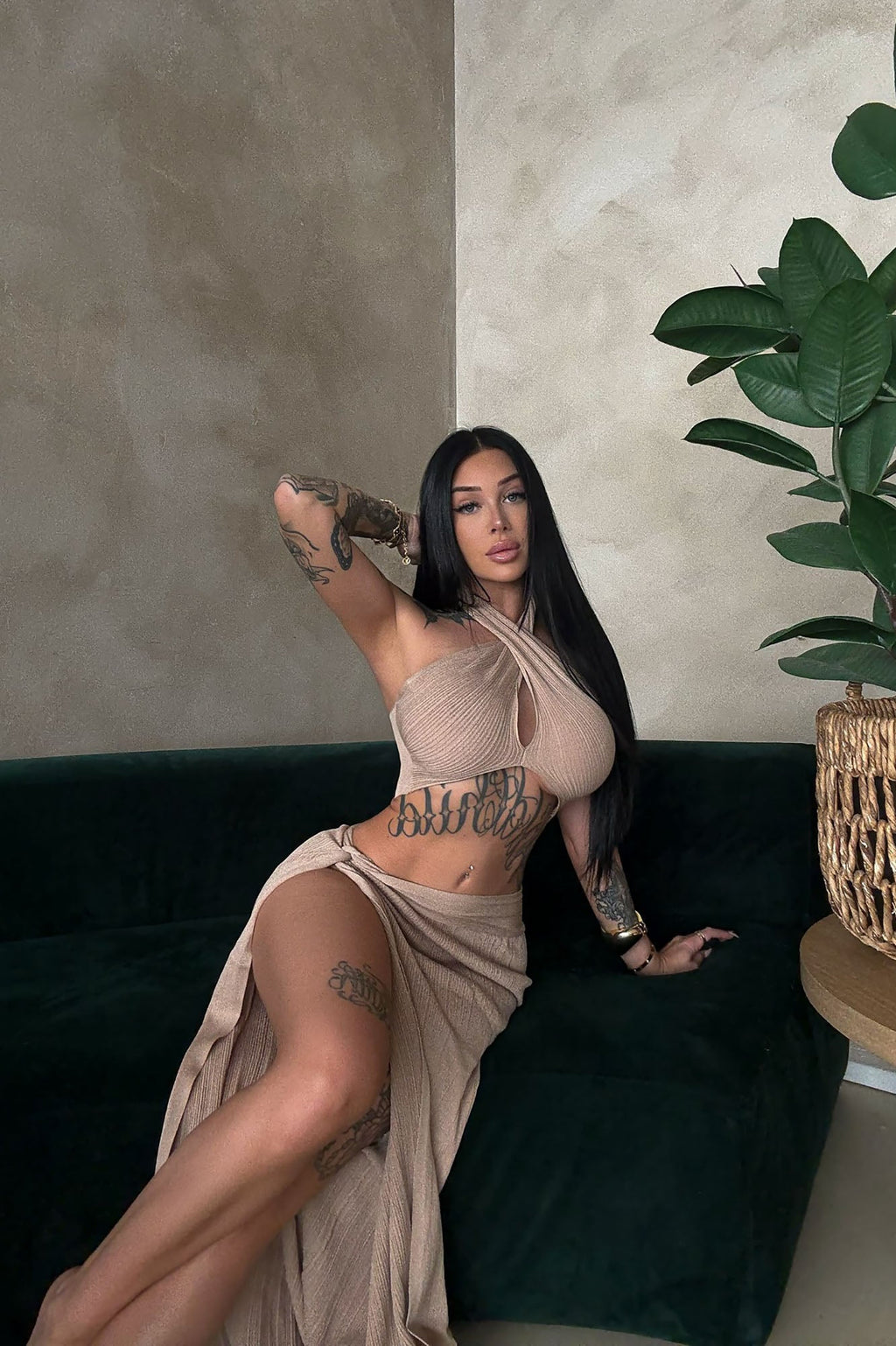 Shayla Ribbed Halter Maxi Skirt Set - Taupe