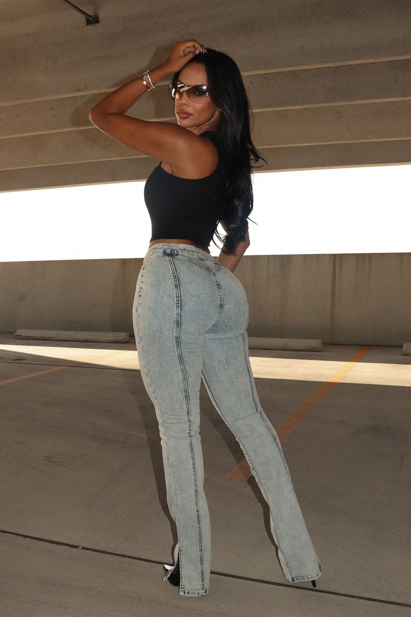 Side Slit Stretch Slim Bootcut Jeans - Acid Wash Denim