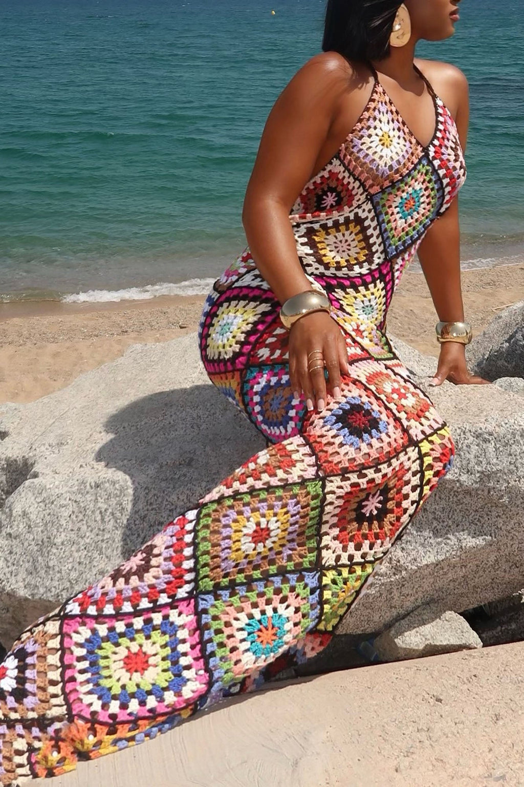 Amalfi Coast Crochet Maxi Dress - Black/combo