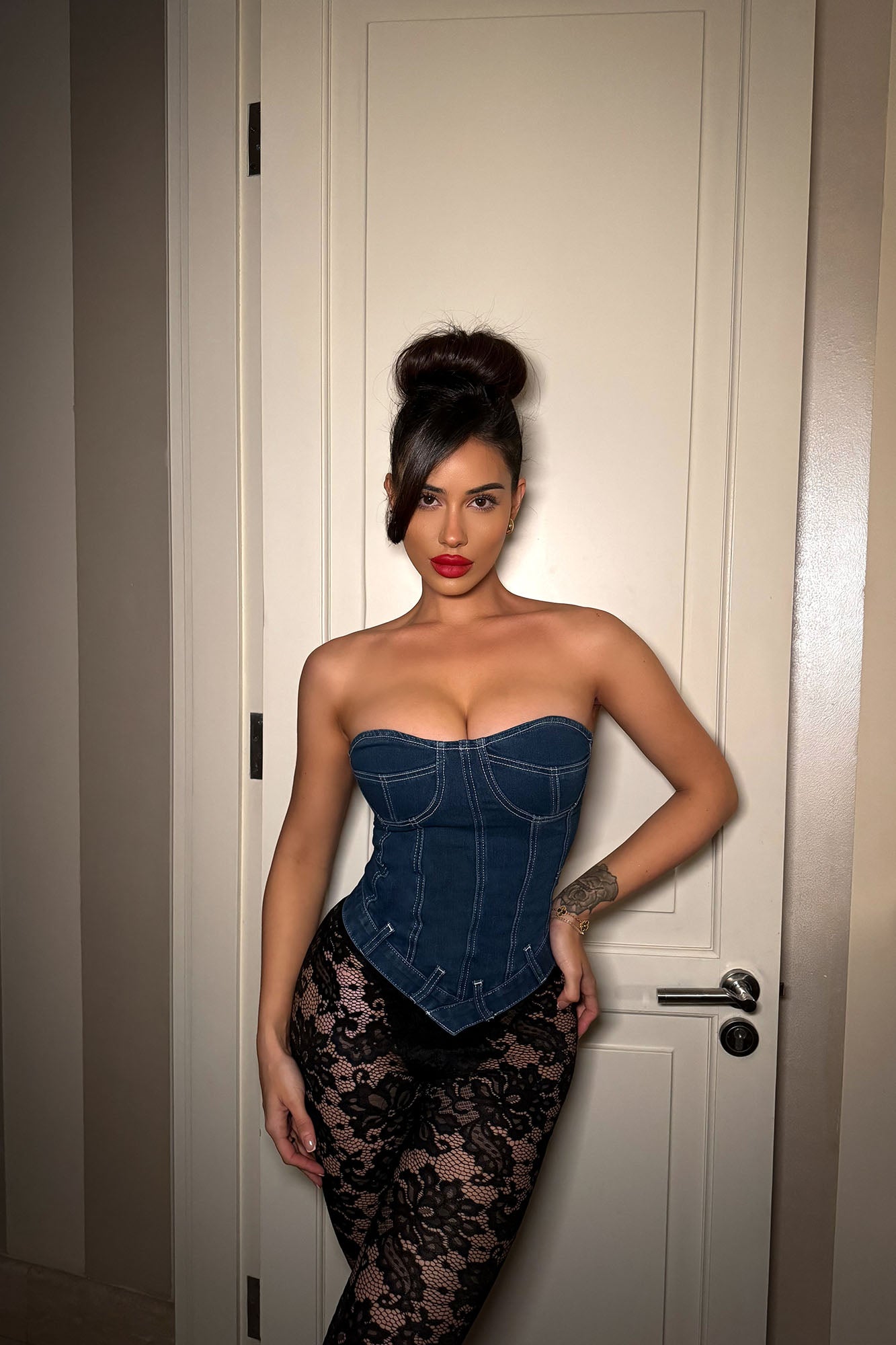 Tensions High Asymmetrical Denim Corset Top - Medium Blue Wash