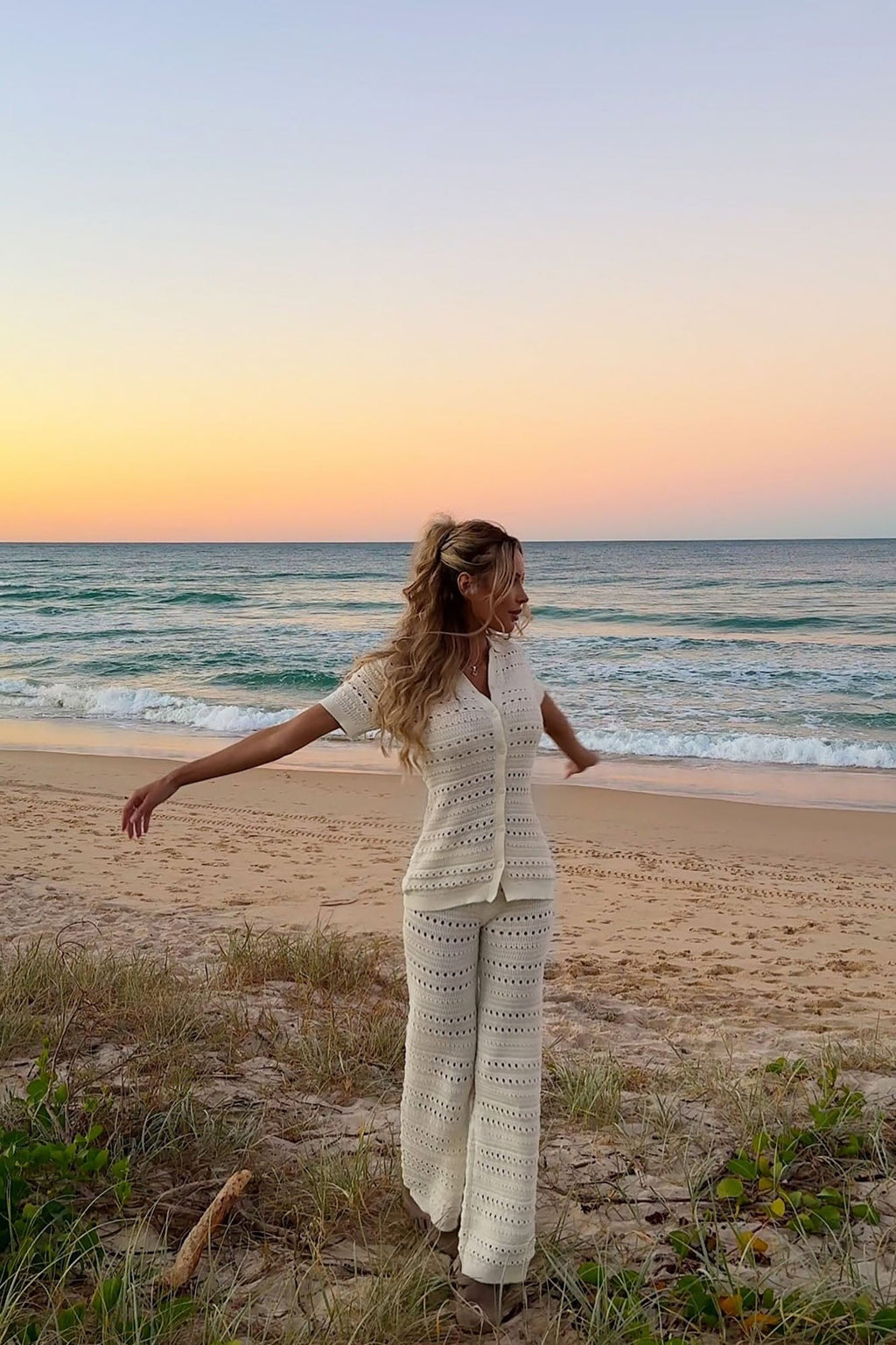 Tulum Crochet Pant Set - Cream