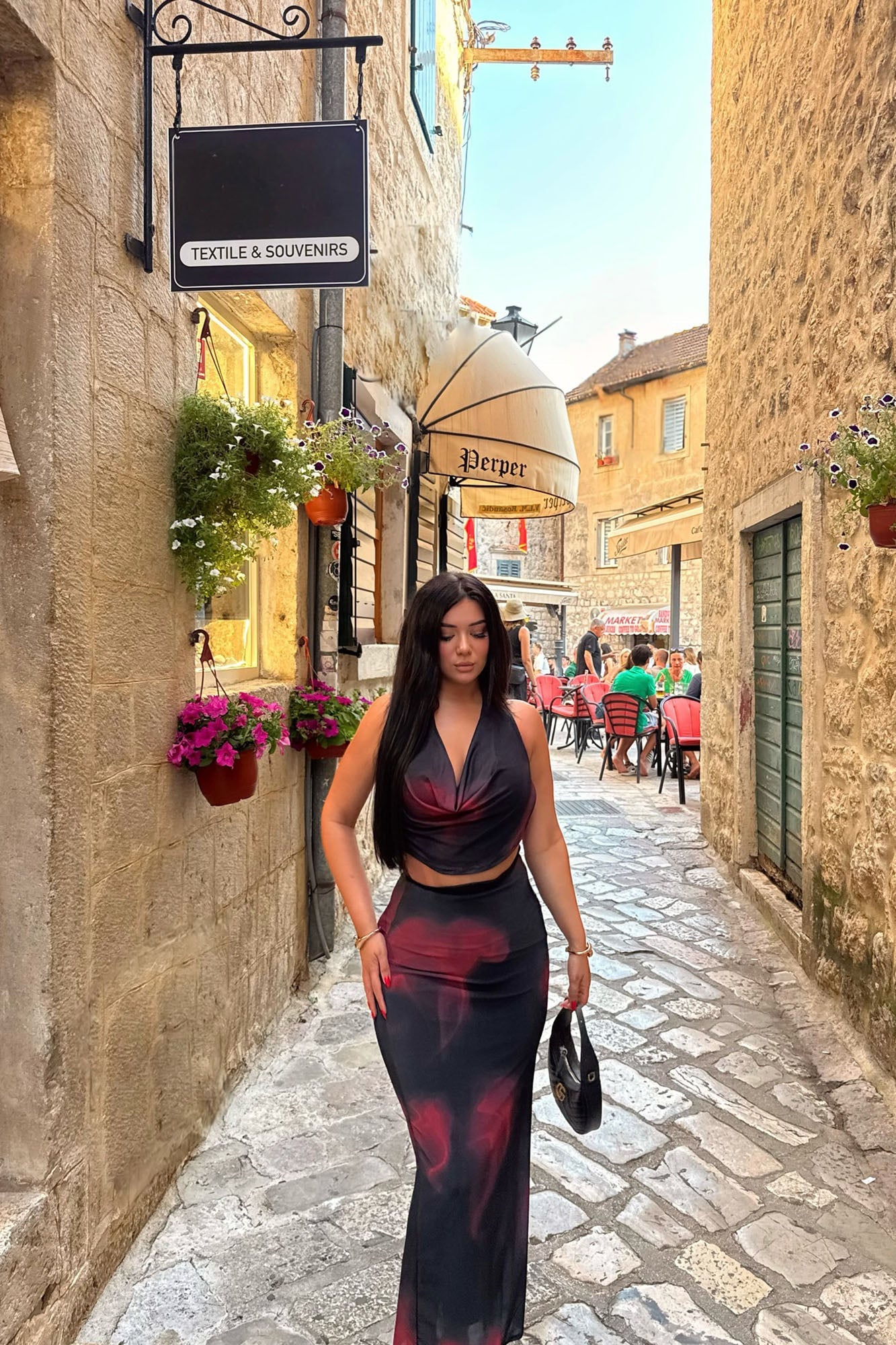 Selene Mesh Skirt Set - Black/Red