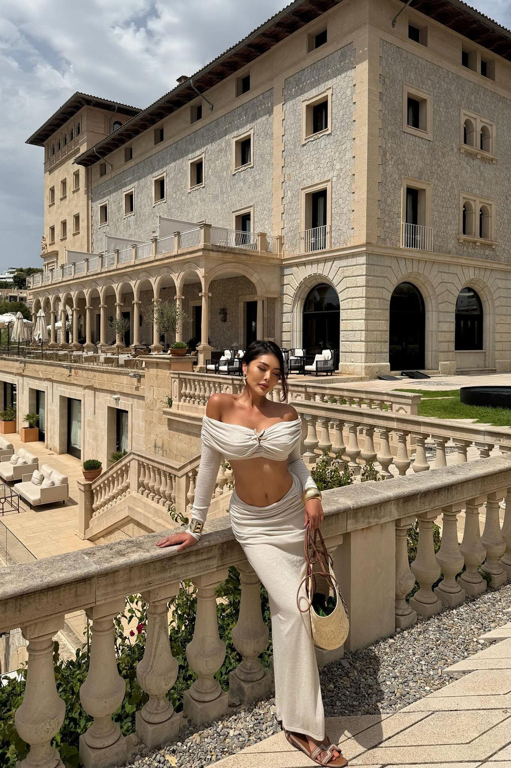 Starlit Sands Off Shoulder Metallic Knit Skirt Set - Oatmeal