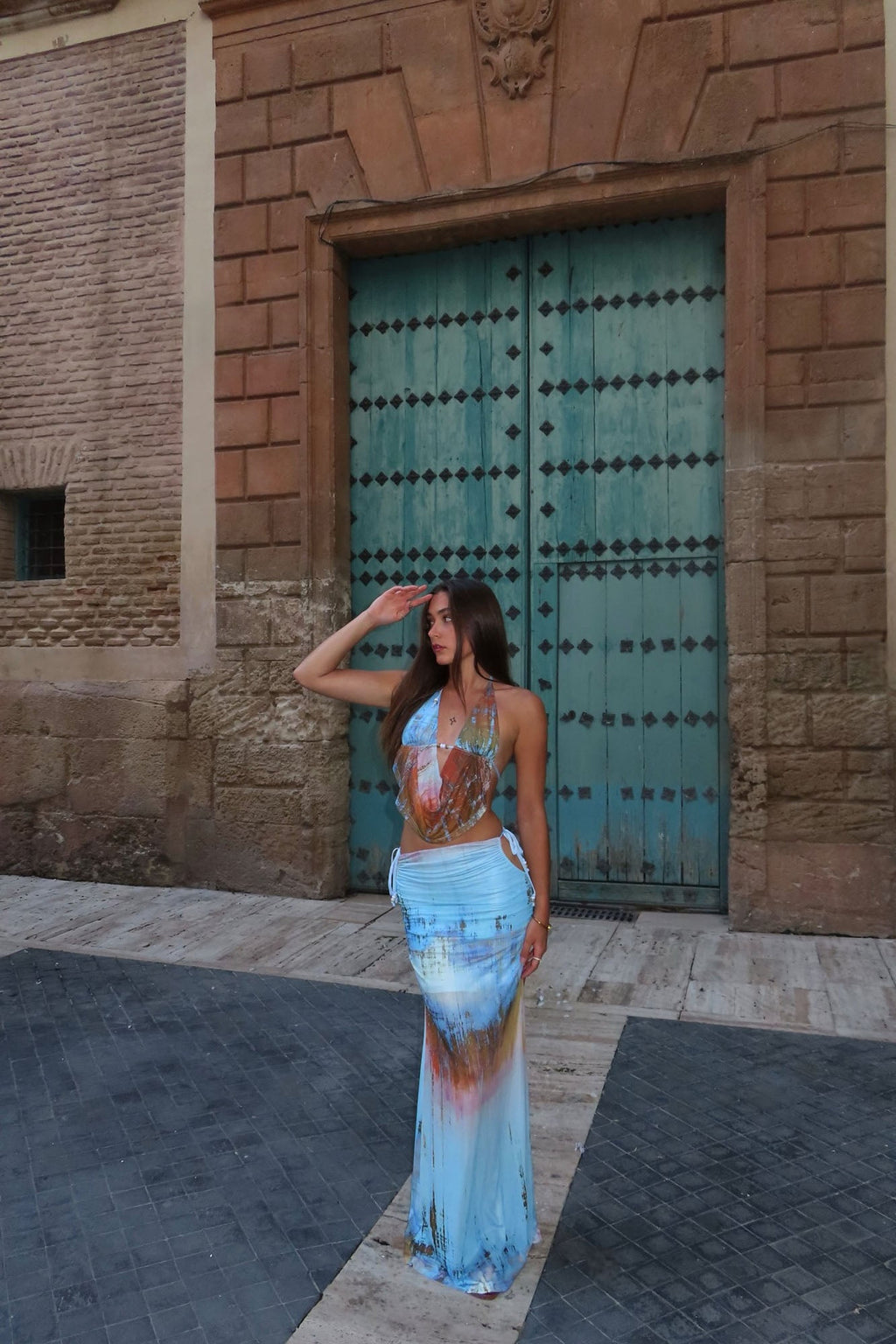 Summer Breeze Halter Top And Maxi Skirt Set - Blue/combo