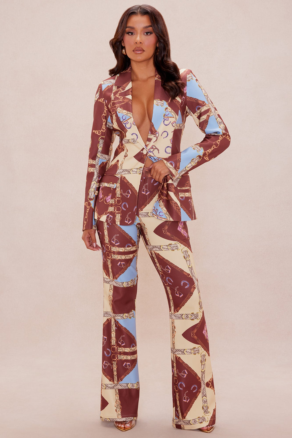 Paula Blazer Pant Suit Set - Brown/combo