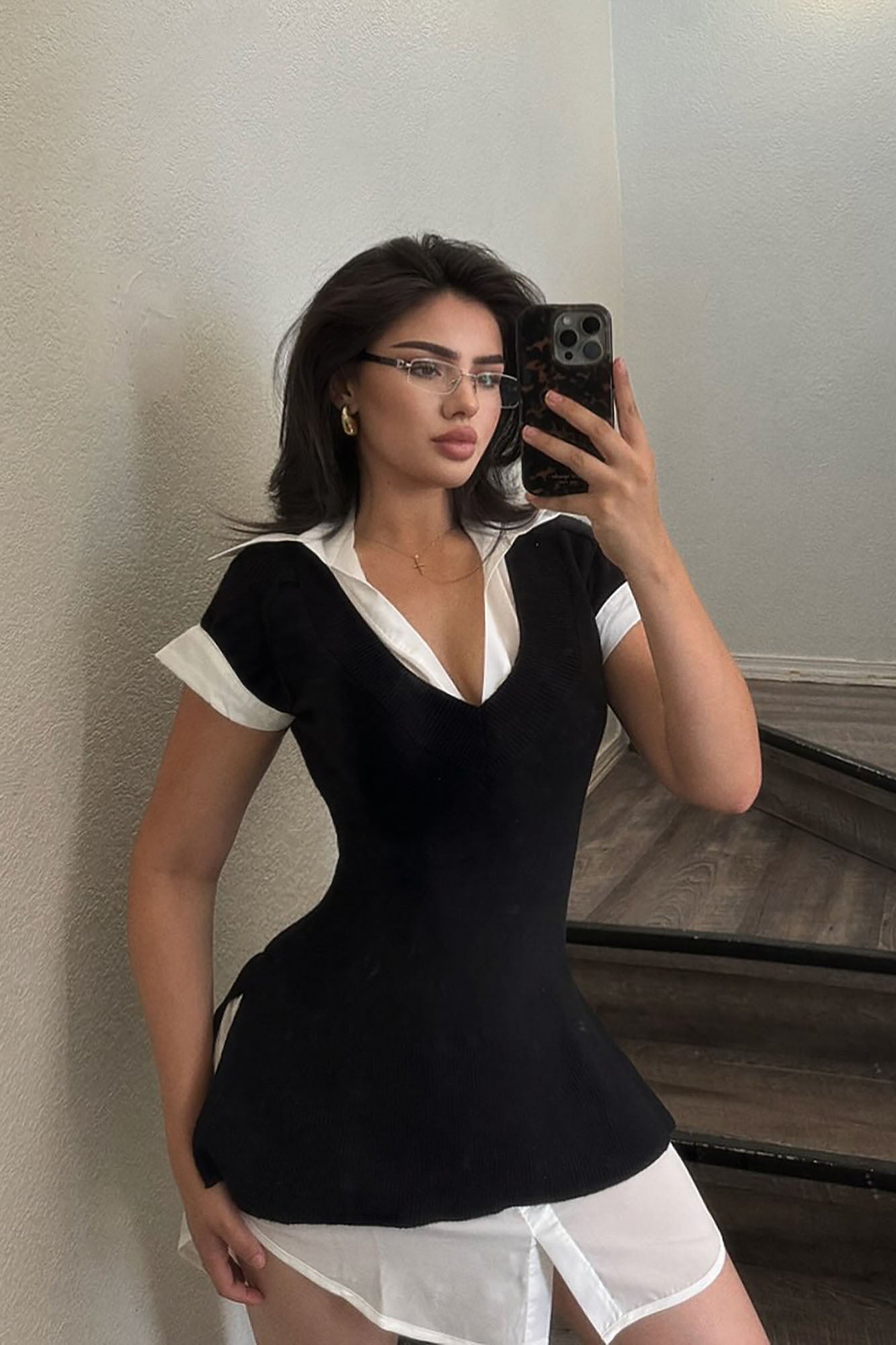 Tali Button Up Sweater Mini Dress - Black/White