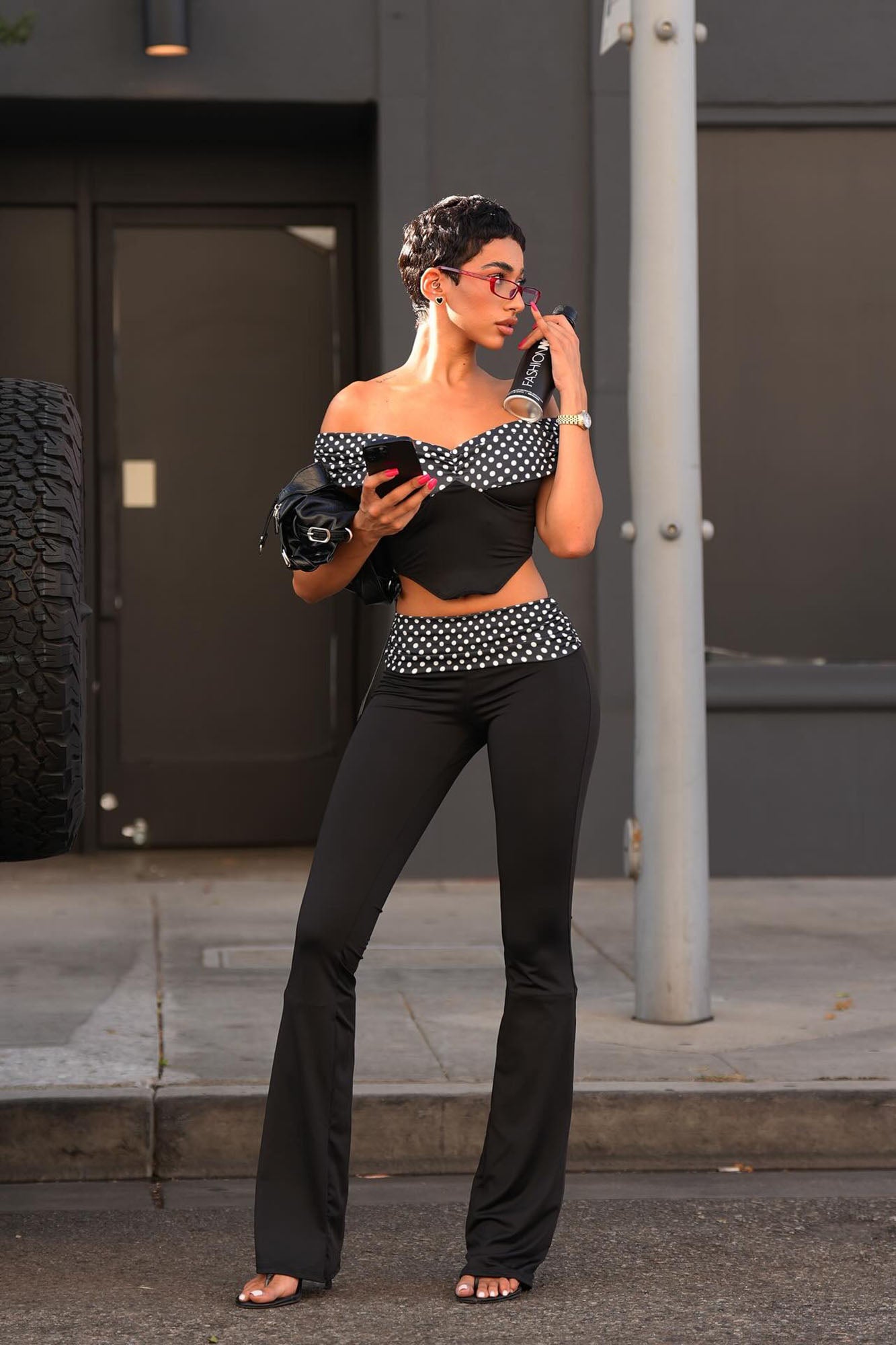 Dolly Off Shoulder Polka Dot Pant Set - Black