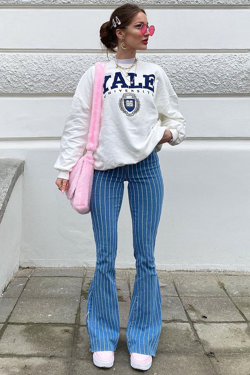 Crossed The Line Striped Flare Jeans - Light Blue Wash