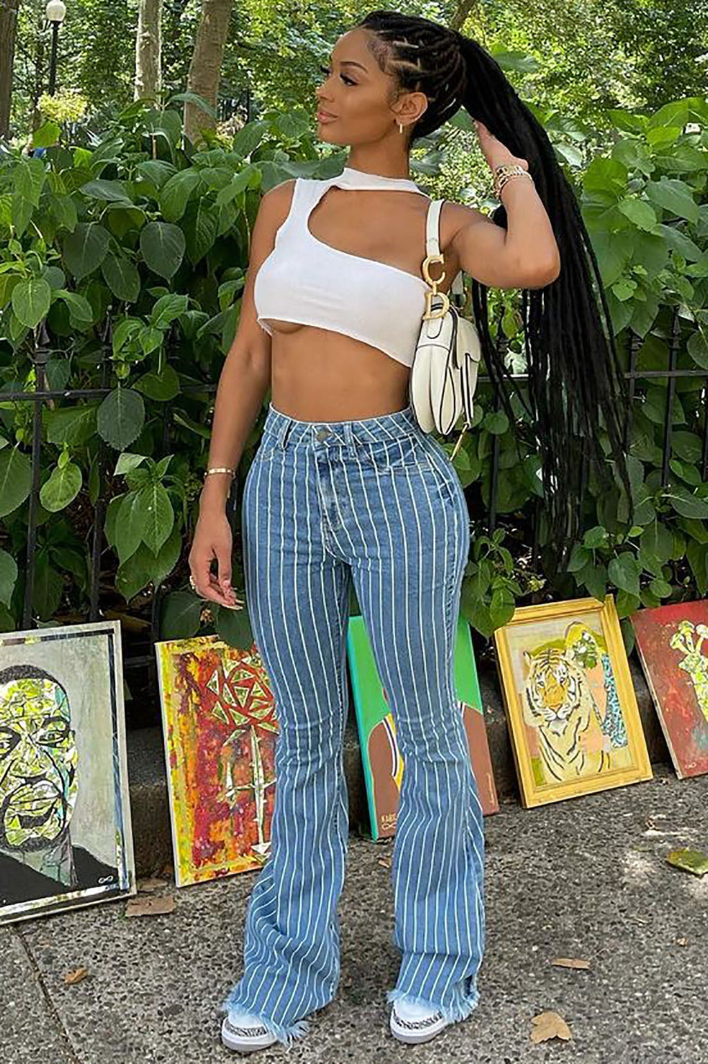 Crossed The Line Striped Flare Jeans - Light Blue Wash