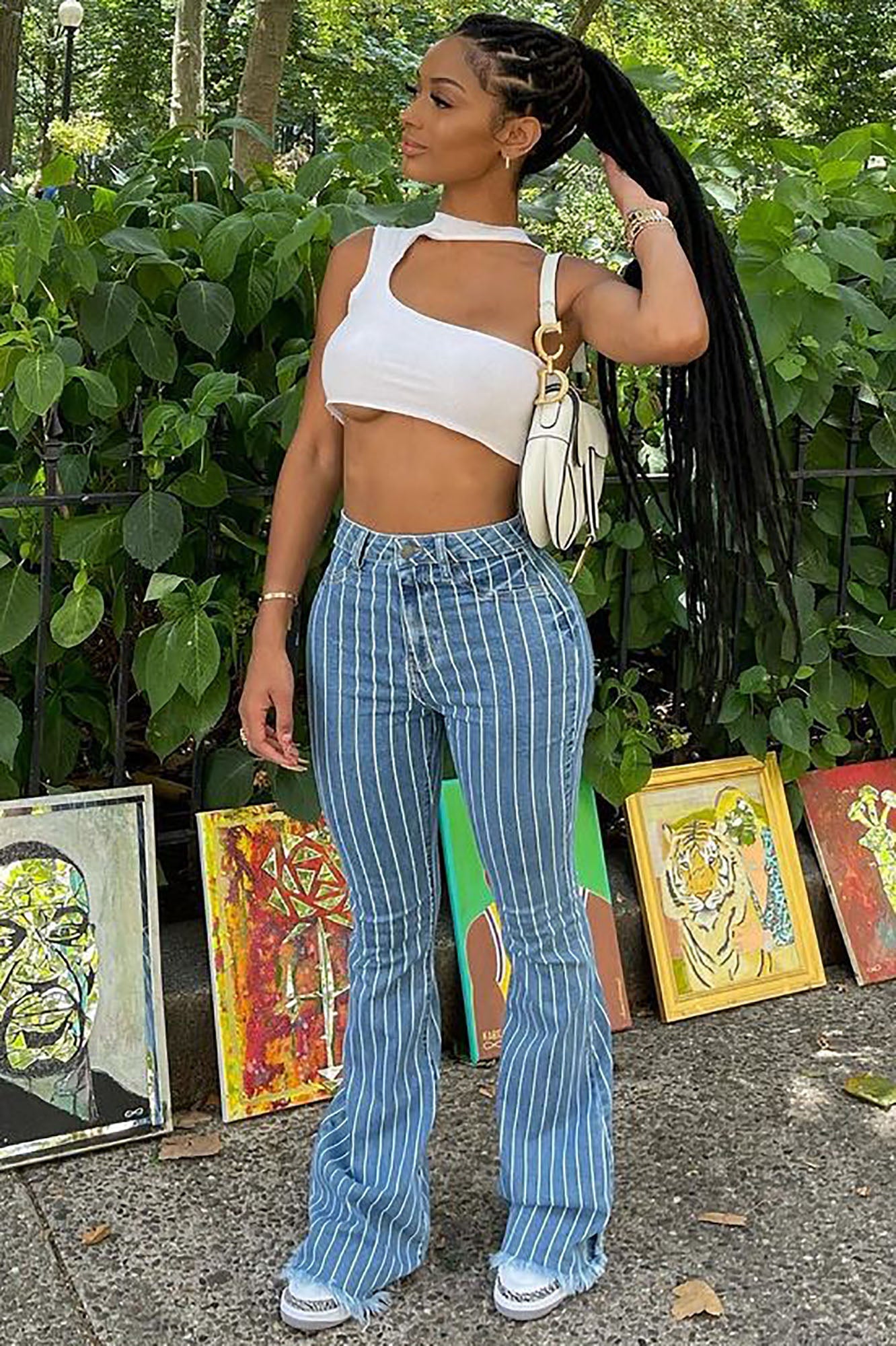 Crossed The Line Striped Flare Jeans - Light Blue Wash