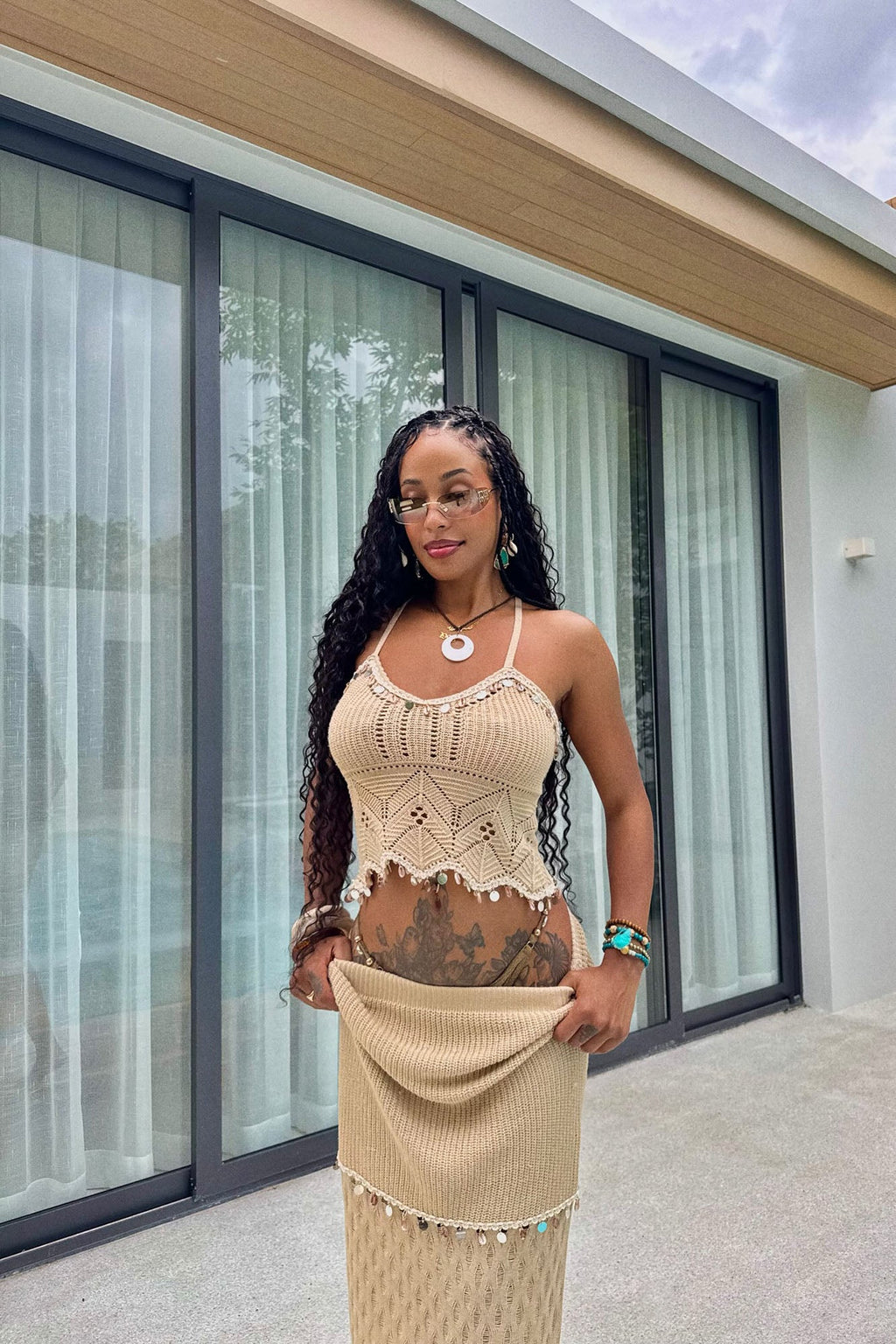 Greece Vacay Crochet Maxi Skirt Set - Natural