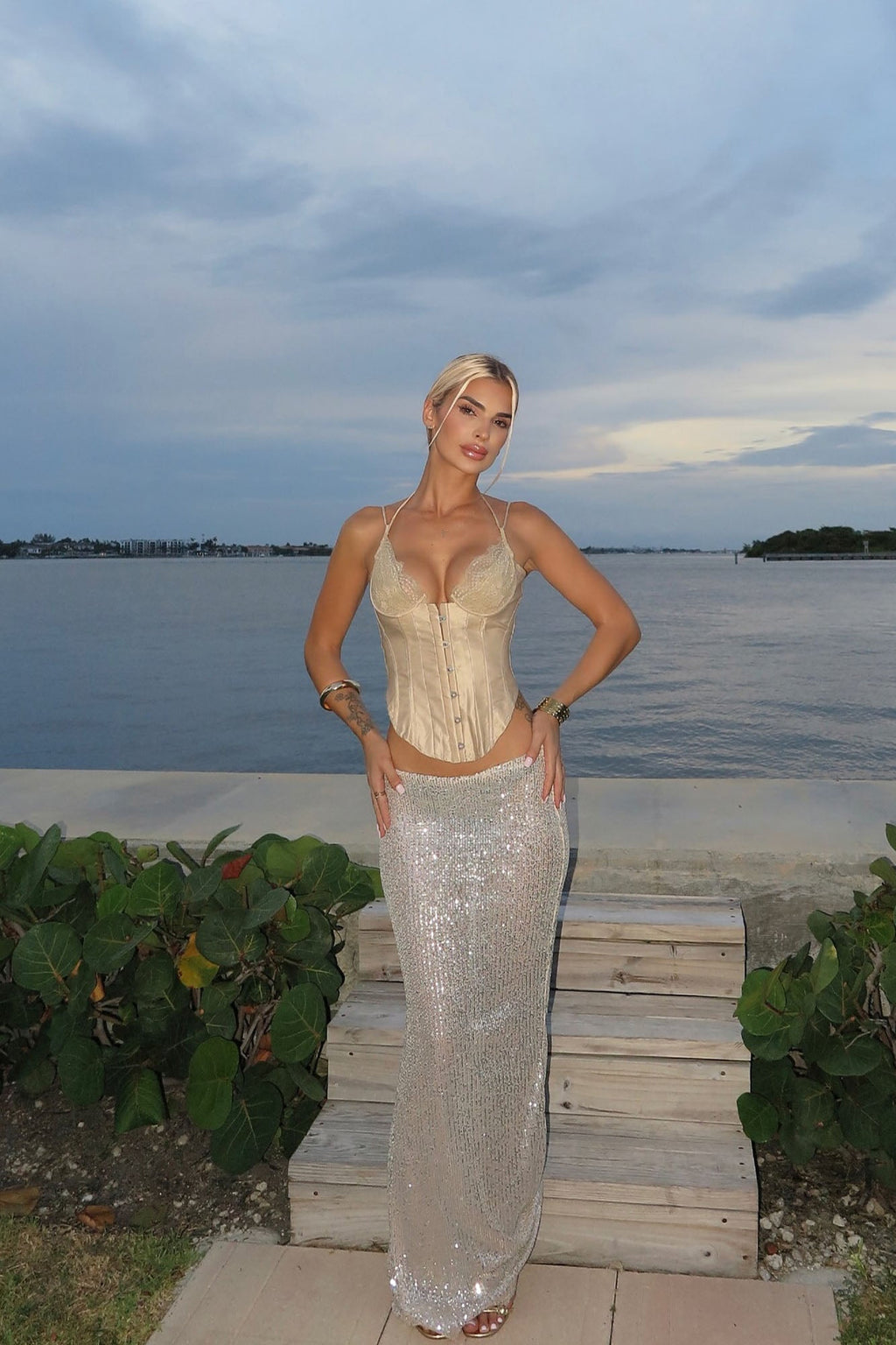 Kendra High Rise Sheer Sequin Maxi Skirt - Nude